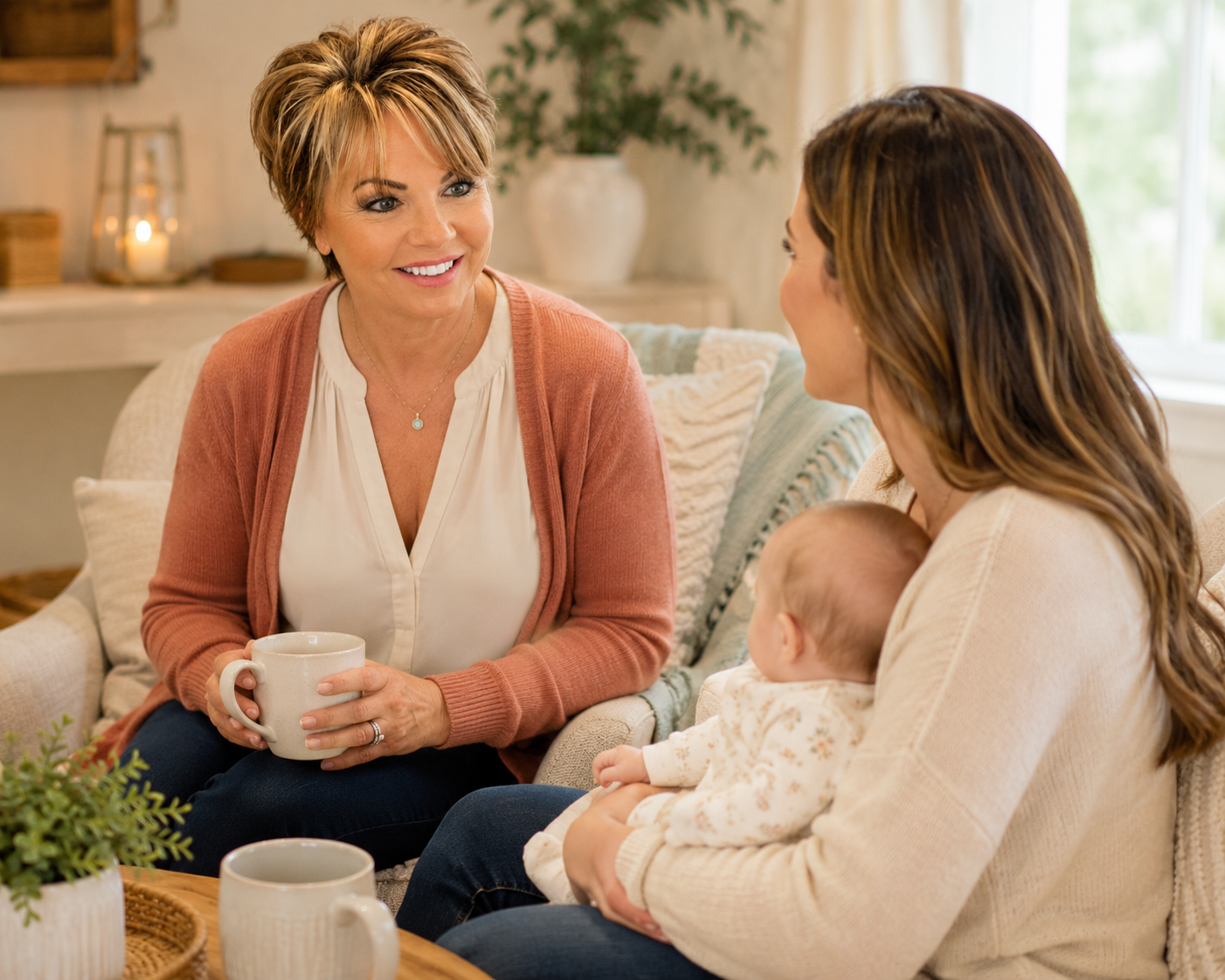 Deanna Wickey having a relaxed conversation with a woman holding her baby.