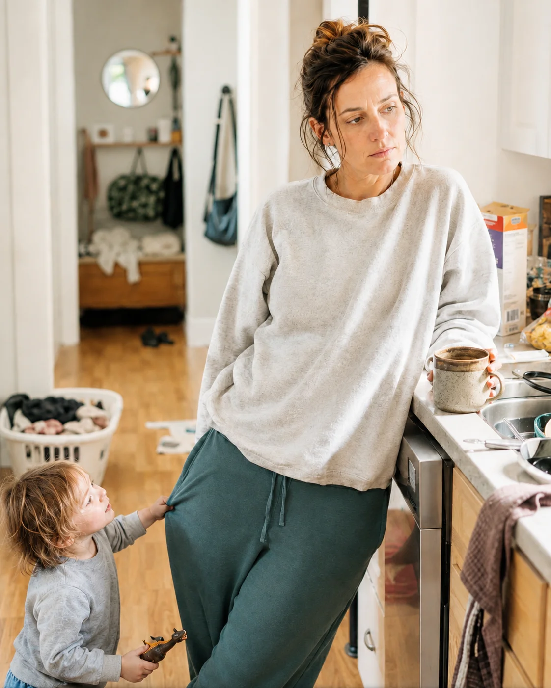 A young mom standing in a lived-in kitchen, quietly tired, with her child nearby and a coffee mug on the counter