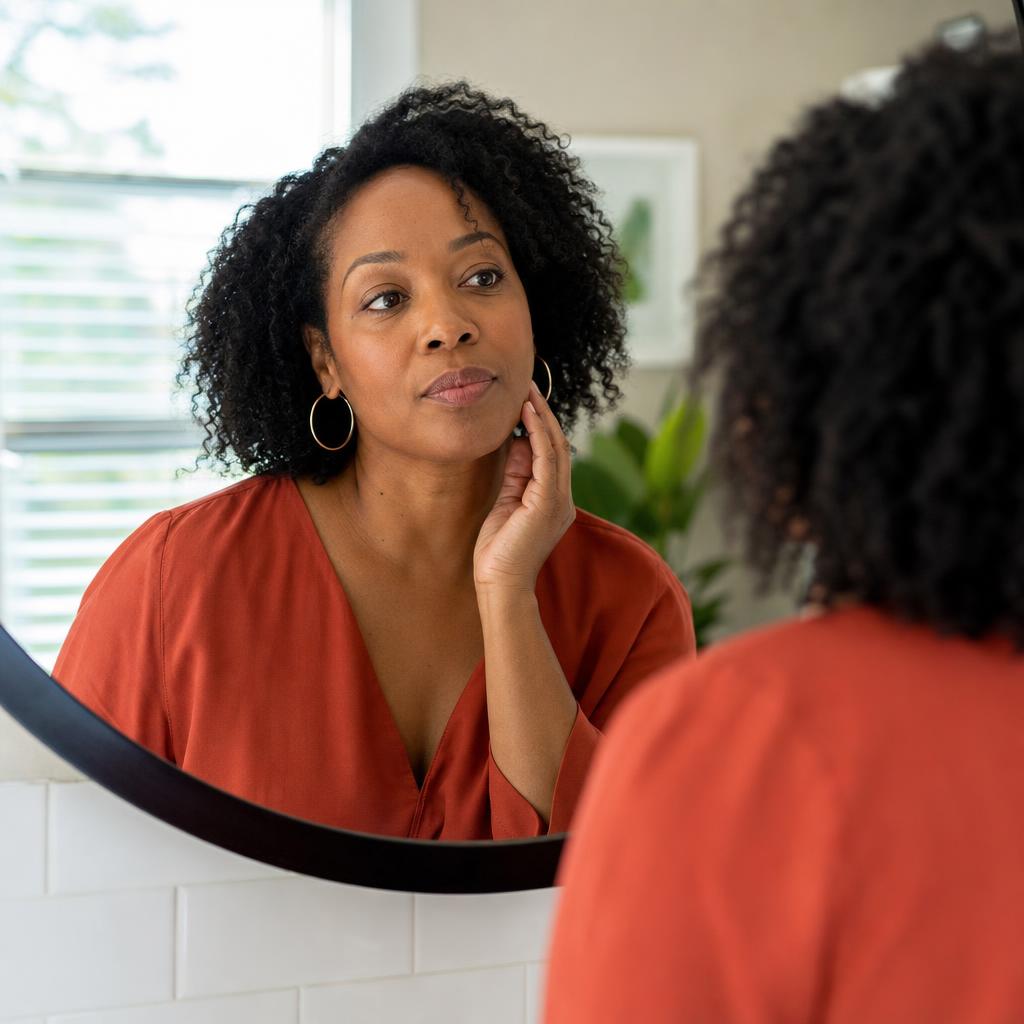 Woman examining her skin in a bathroom mirror — thoughtful curiosity about skin health