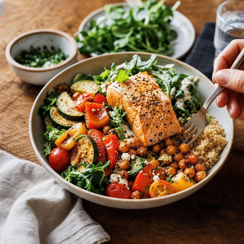 Bowl of salmon, chickpeas, roasted vegetables and quinoa — whole-food protein sources