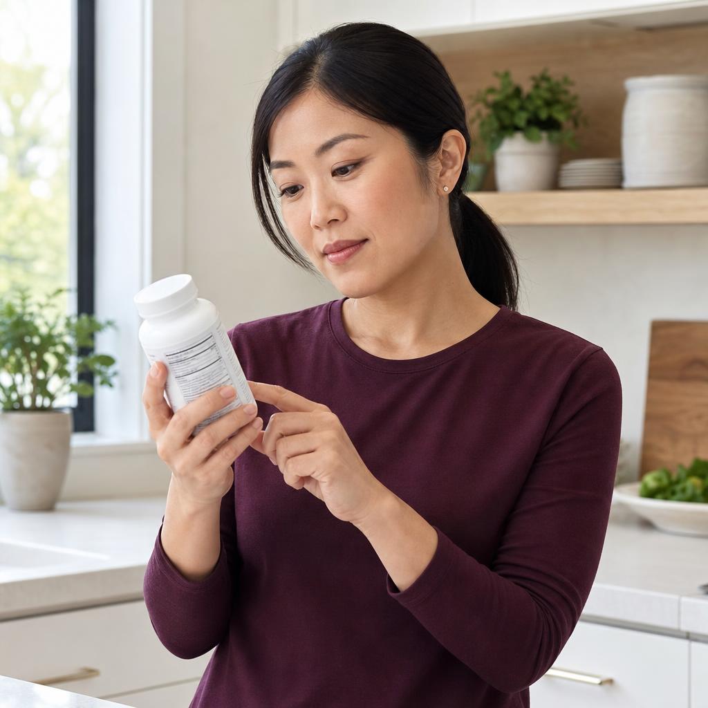 Woman reading the back label of a supplement bottle in a kitchen — informed label reading