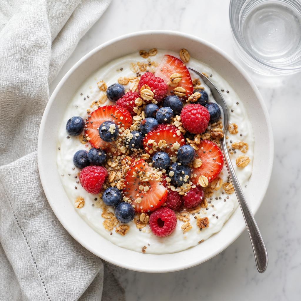 Overhead view of a yogurt bowl with blueberries, strawberries, raspberries, granola, and chia seeds — Berry Crunch Protein Breakfast Bowl