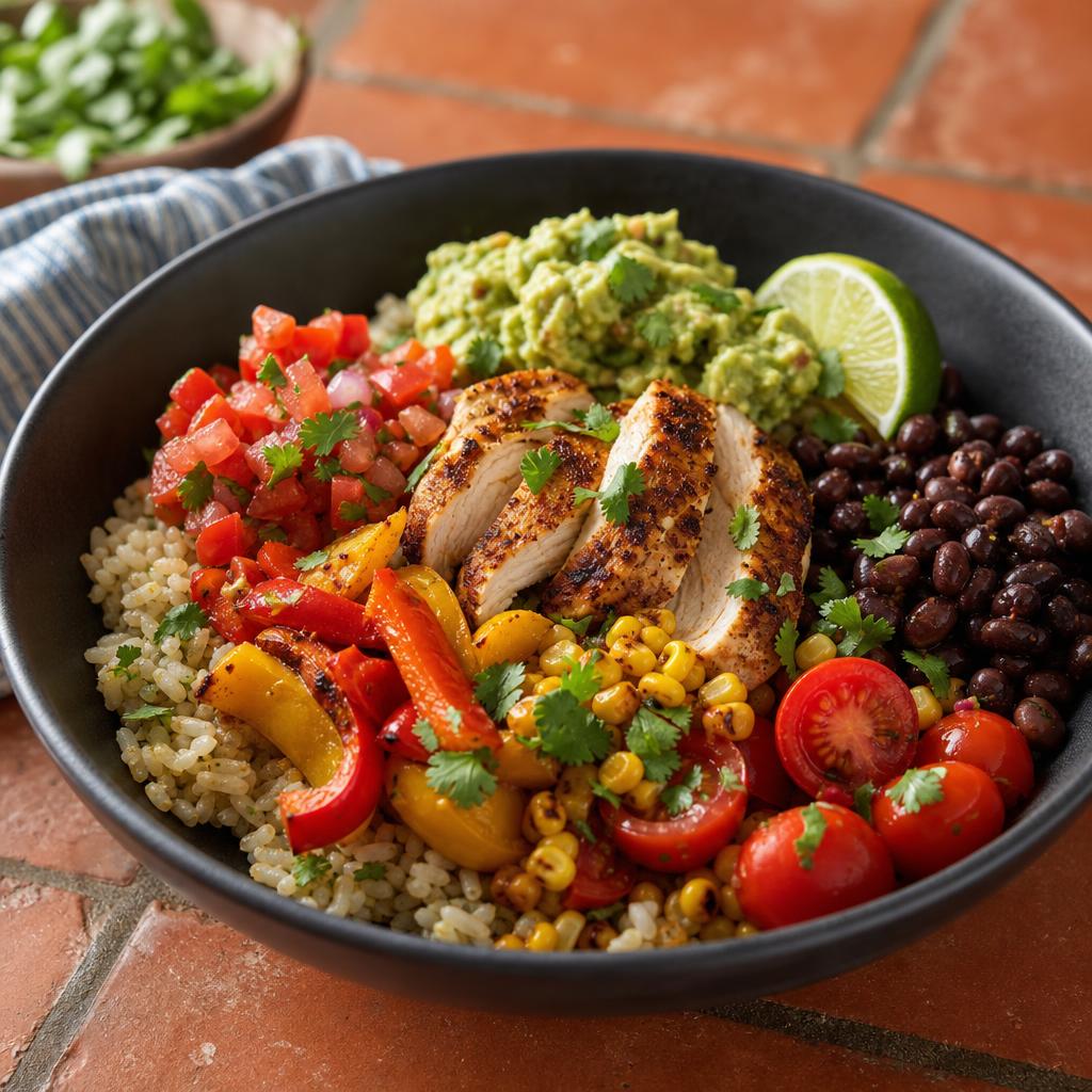 A burrito bowl with seasoned chicken, black beans, roasted peppers, corn, guacamole, and pico de gallo — 30-Minute Chicken + Black Bean Burrito Bowls