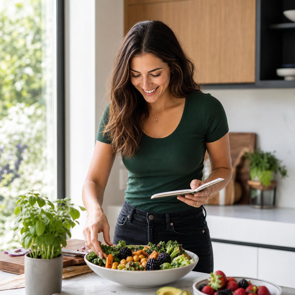 Woman reaching into a vibrant food bowl while holding an open notebook — everyday wellness in a real kitchen
